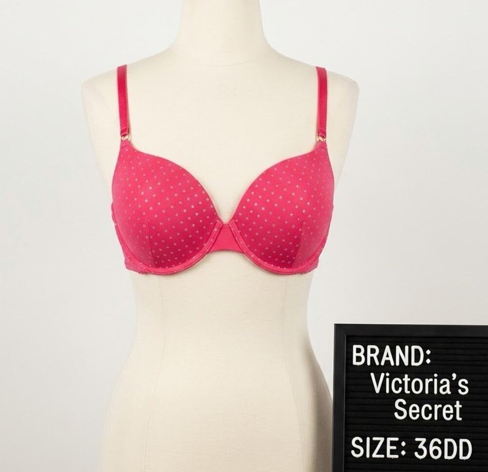 Victoria's Secret Demi Bra 36DD Hot Pink Silver Glitter Polka Dot Underwire